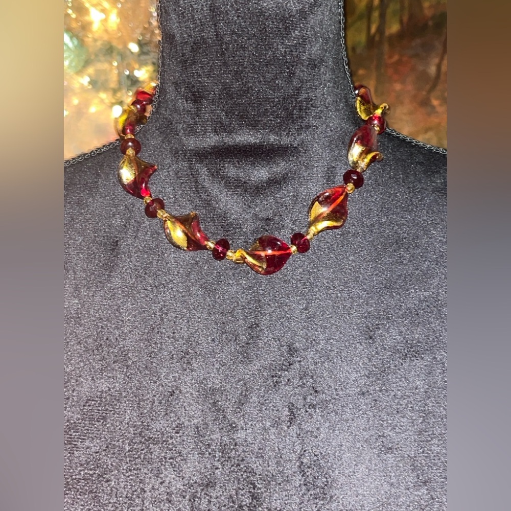 Red & Gold Foil Art Glass Necklace Handmade Lampwork Beads Toggle Clasp 17”